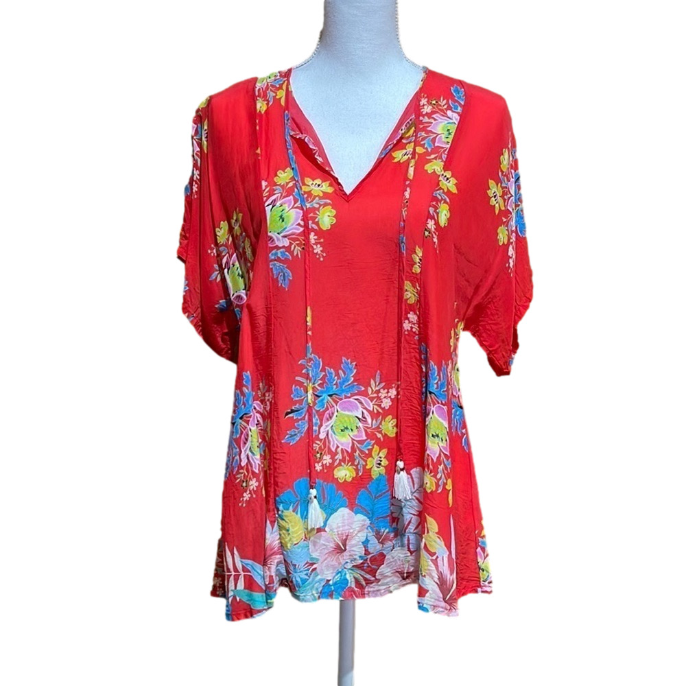 Johnny Was Red Floral Short Sleeve Tunic with Tassel Tie Size XS - EUC